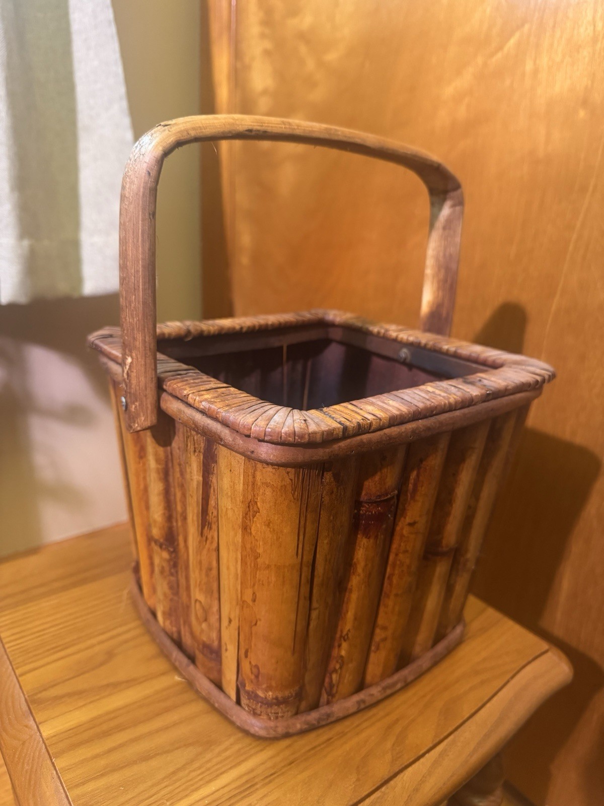 VTG Burnt Bamboo And Rattan Basket W Handle - 9x9x8”