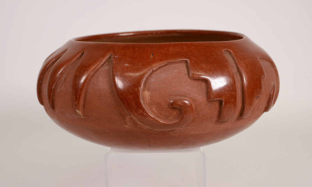 San Ildefonso Carved Redware Pottery signed Rosalie and Joe   ca 1930-1950