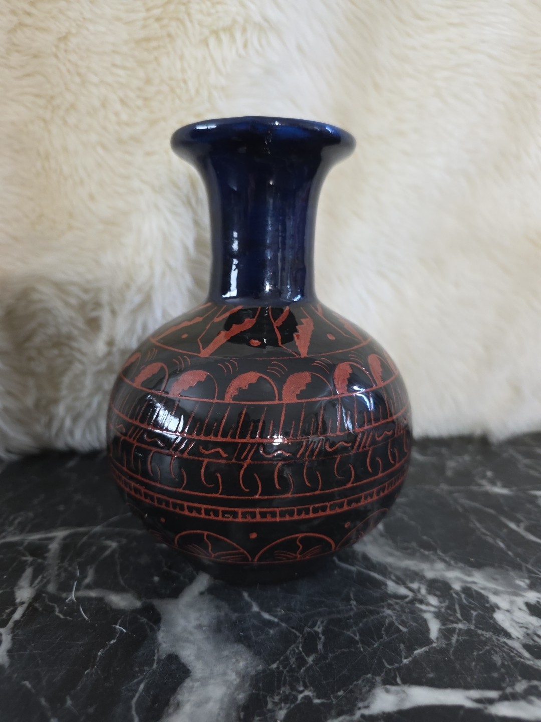 Native American Red Clay Pottery Hand Etched, Painted And Glazed. Signed