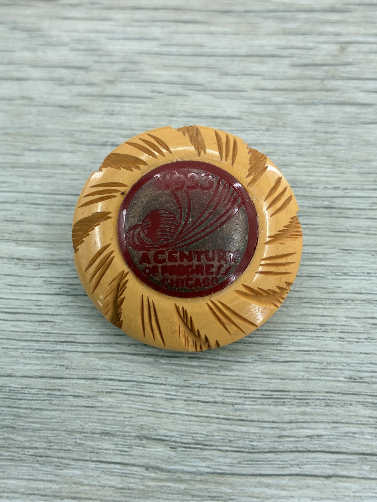 1933 A Century of Progress Chicago World's Fair Carved Button Looks Celluloid