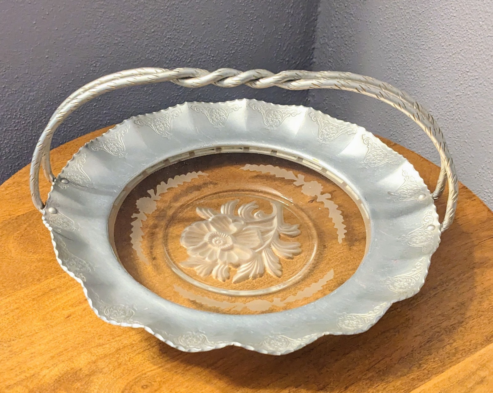 Vintage Farber and Shlevin Wrought Aluminum Basket Floral Glass Inlay Handle Vintage Farber and Shlevin Wrought Aluminum Basket Floral Glass Inlay Handle