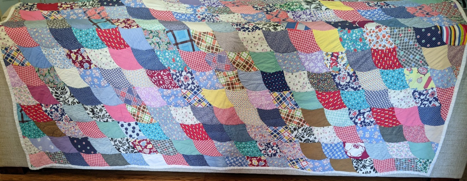 Vintage Bow Tie Quilt Hand Sewn from Flour Sacks, Used Clothing etc 80x64