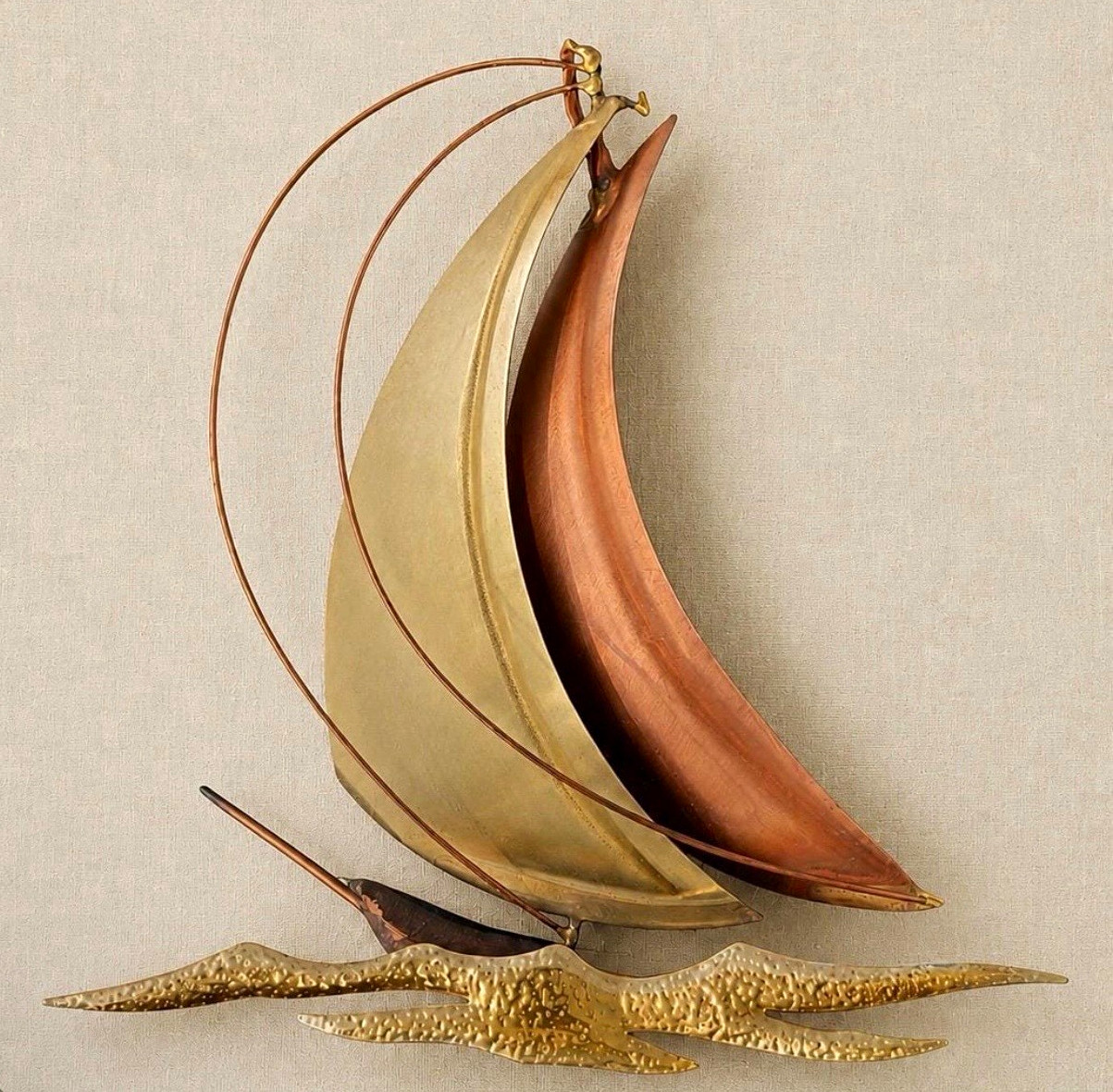 Vintage Mid Century Modern Copper Brass Sailboat Wall Art Metal Sculpture 