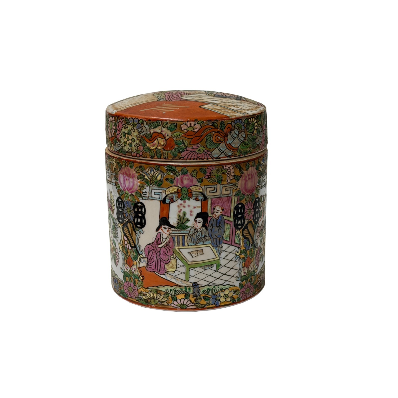 Vintage Chinese Enamel Figural Ground Canton Porcelain Round Container Jar GB841