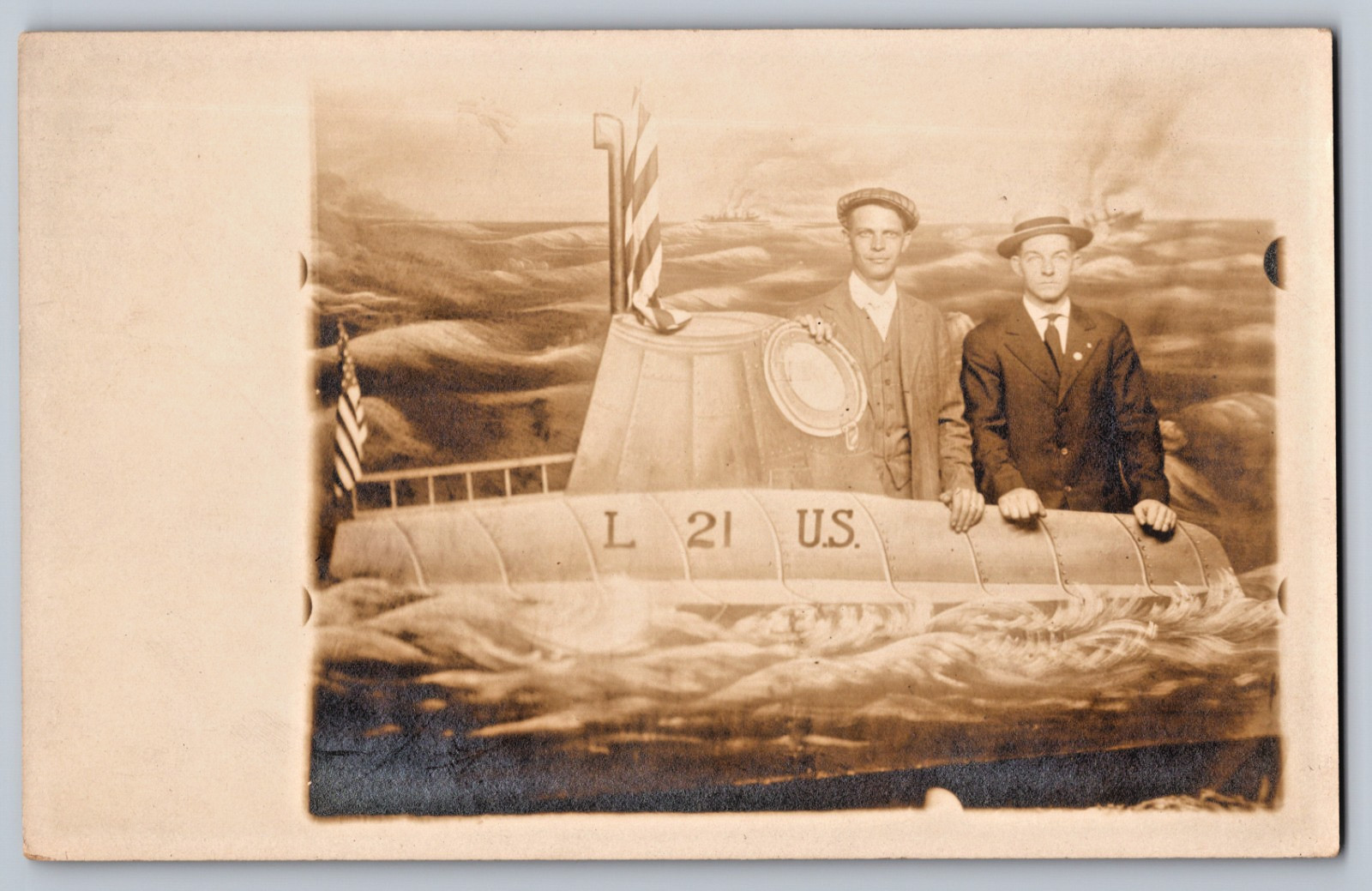 WWI Era Men Posing With Submarine Photo Studio Prop 1910s RPPC Postcard