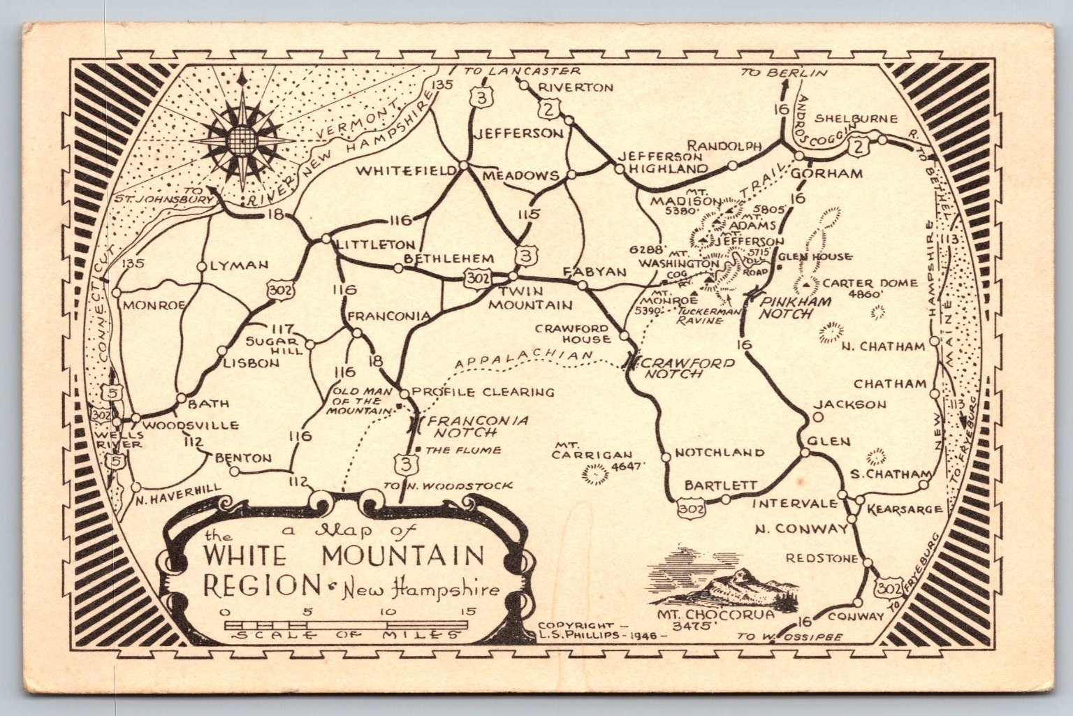 Vintage 1946 White Mountain Region New Hampshire Map Postcard Vintage 1946 White Mountain Region New Hampshire Map Postcard