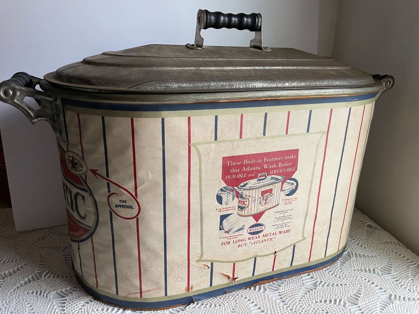 NOS Vtg Atlantic Copper 15 Gallon Boiler Wash Tub Lid Wood Handles Farmhouse MCM NOS Vtg Atlantic Copper 15 Gallon Boiler Wash Tub Lid Wood Handles Farmhouse MCM