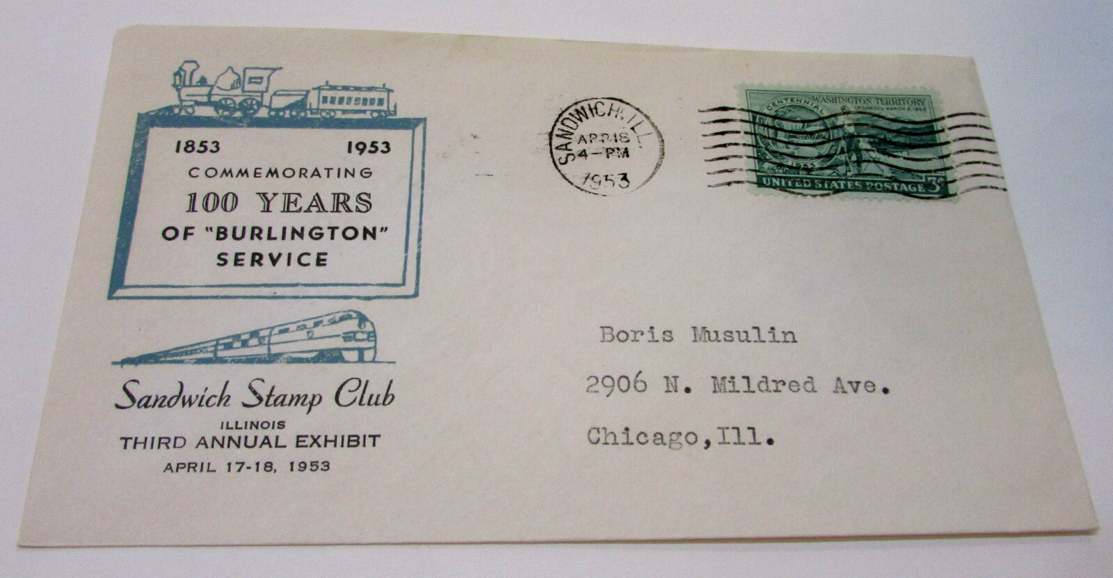 100 Years 1853-1953 Burlington Service Old Cachet Sandwich Stamp Club Illinois