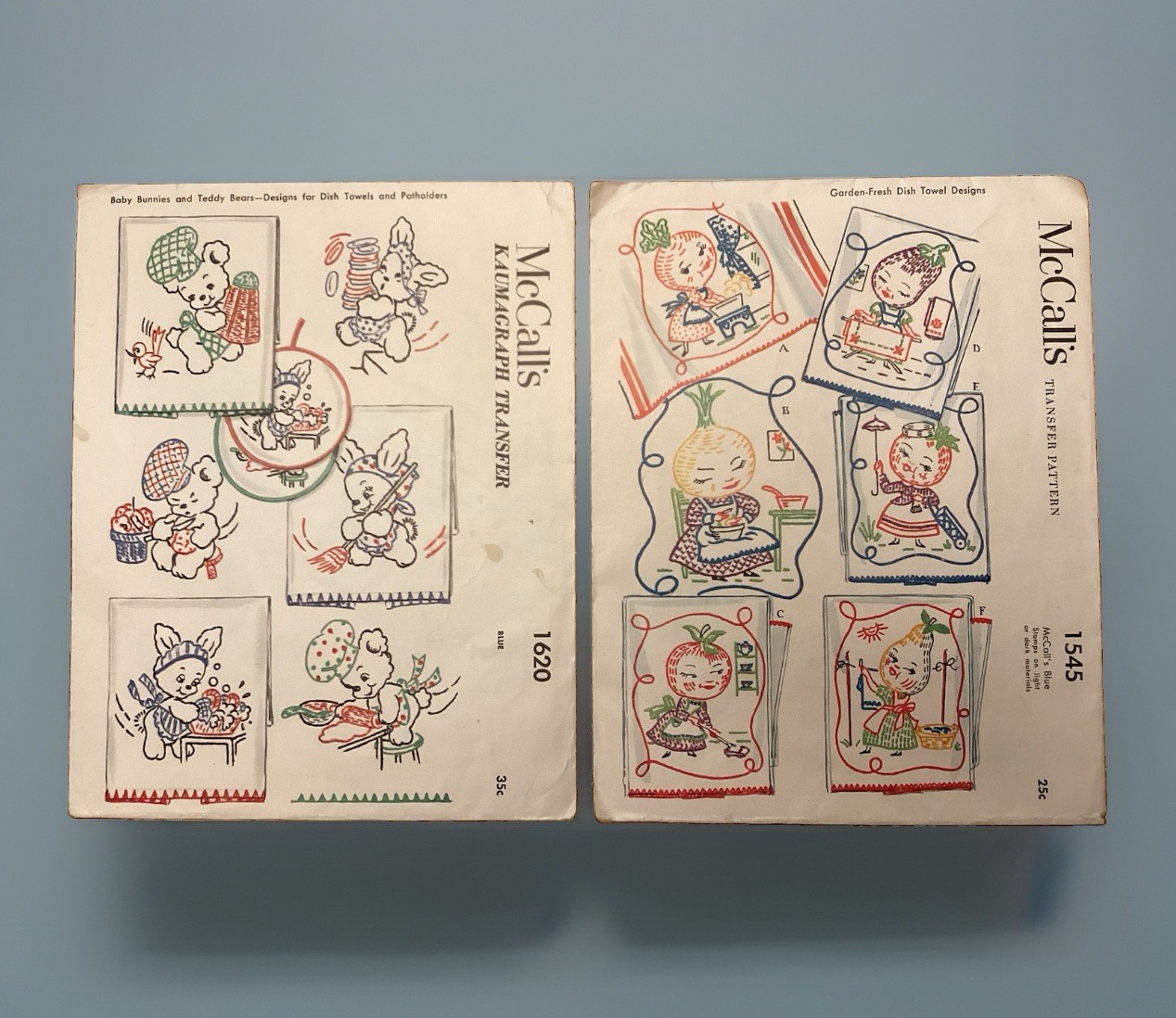 Vtg Lot 2 McCall’s Embroidery Transfers 1620 Bunnies Bears 1545 Garden Veggies