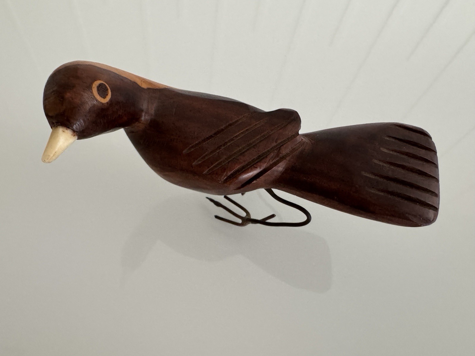 Vintage Carved Wood Bird Inlay Handmade Wire Metal Legs Sculpture White Beak Vintage Carved Wood Bird Inlay Handmade Wire Metal Legs Sculpture White Beak
