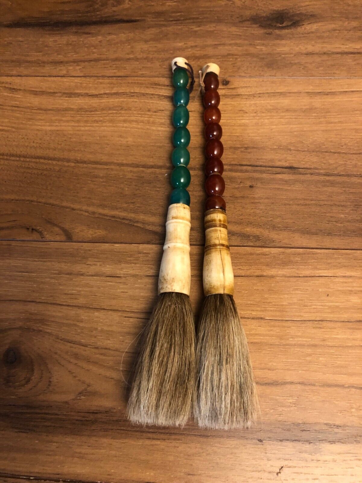 Vintage Pair of Chinese Calligraphy Brushes Red Green Horsehair Bone Not Jade