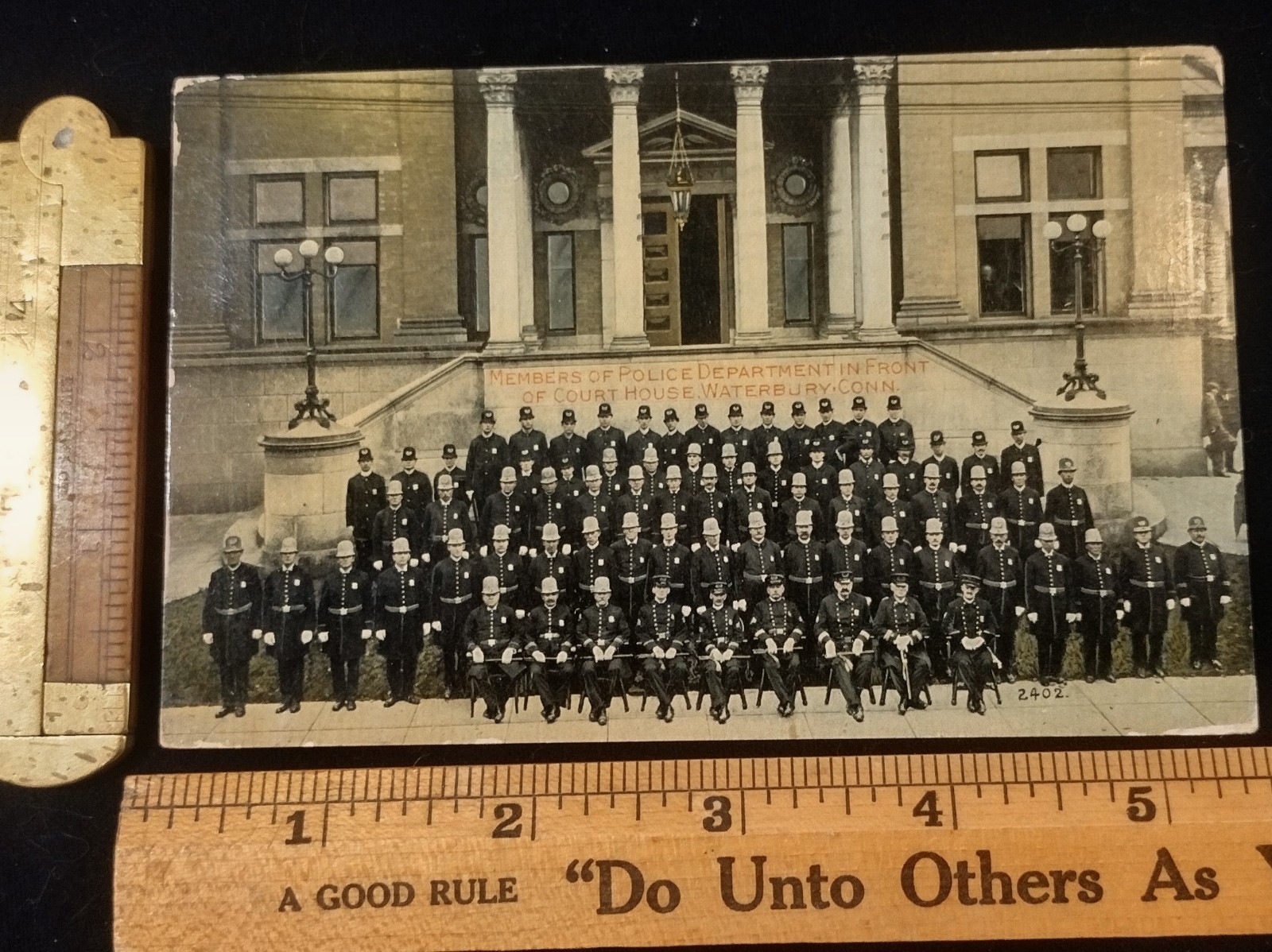 WATERBERY CONN POLICE FORCE IN FRONT OF COURTHOUSE REAL PHOTO POSTCARD 1911 USED WATERBERY CONN POLICE FORCE IN FRONT OF COURTHOUSE REAL PHOTO POSTCARD 1911 USED