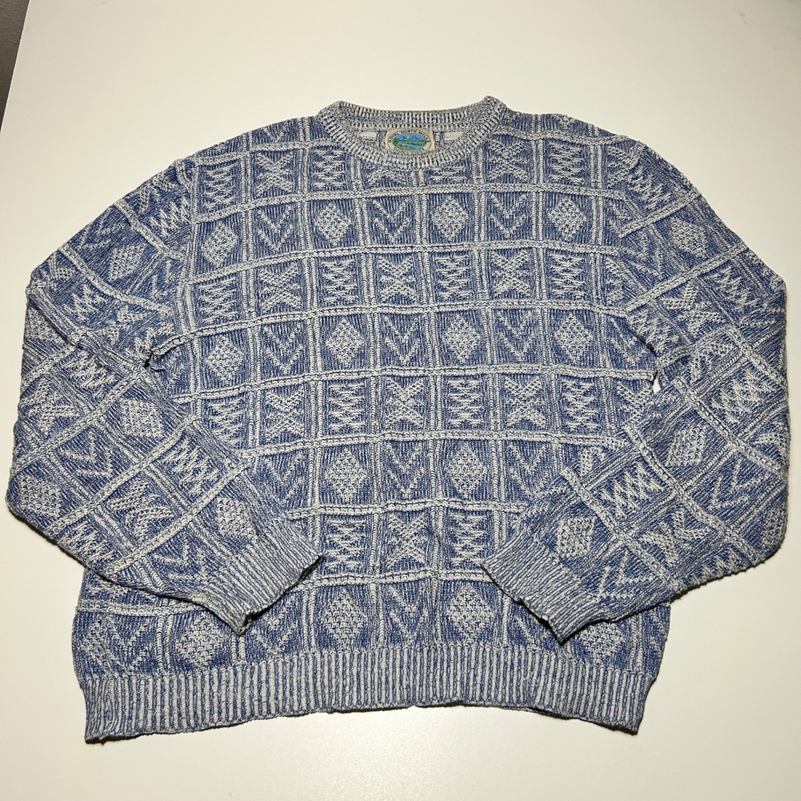 Vintage Royal North Mills Outfitters Blue White Geometric Knit Sweater USA Mens