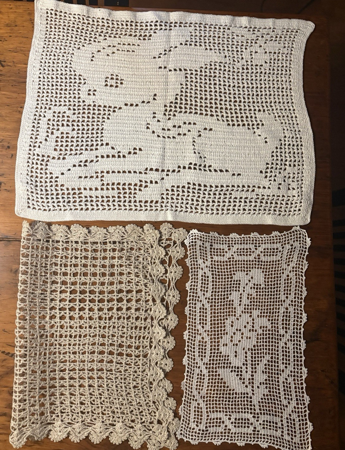 Three Vintage Linens Doiles croched - ??, One features a rabbit - size 18\