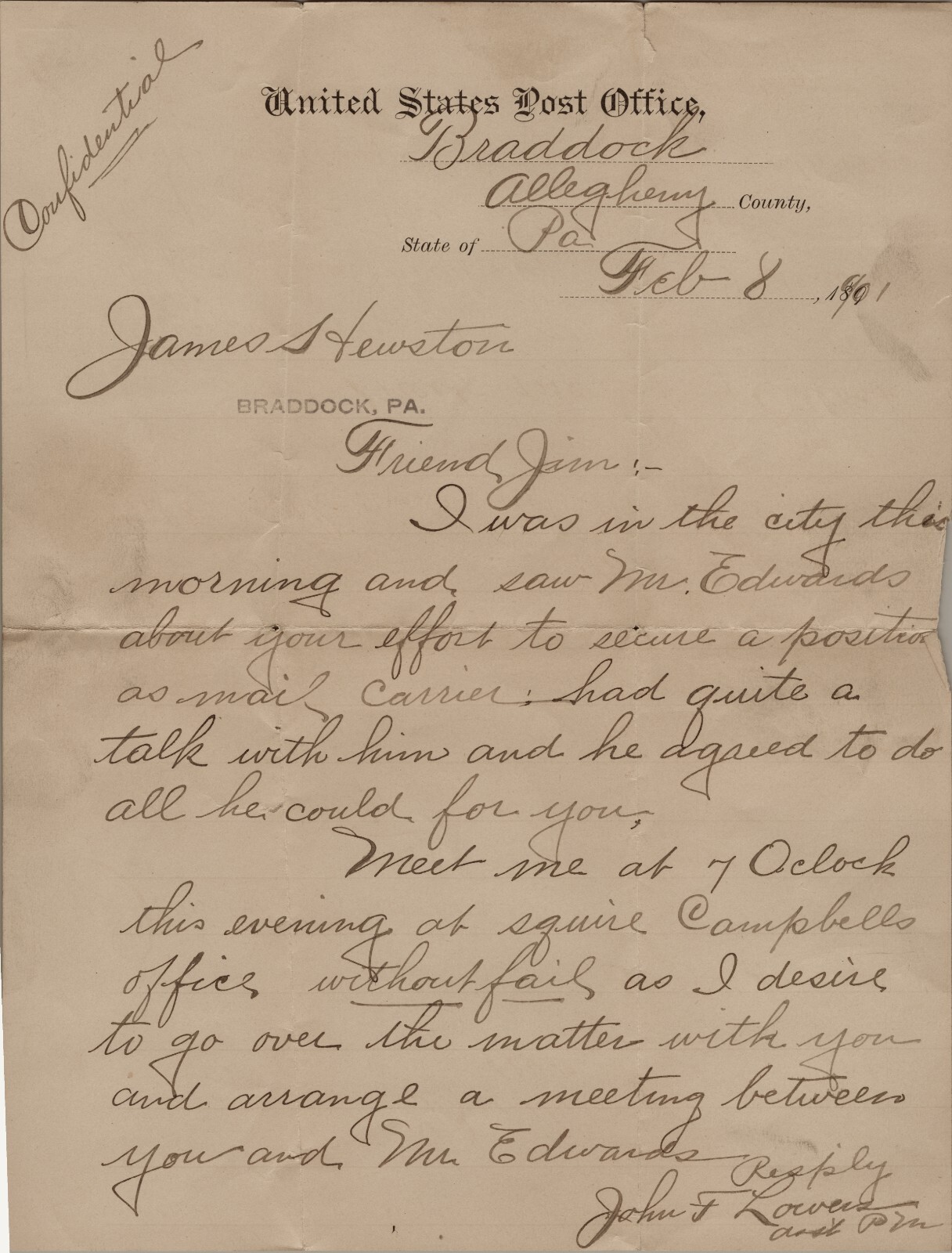 1901 Letter US Post Office Regrading a Job Interview Signed Postmaster
