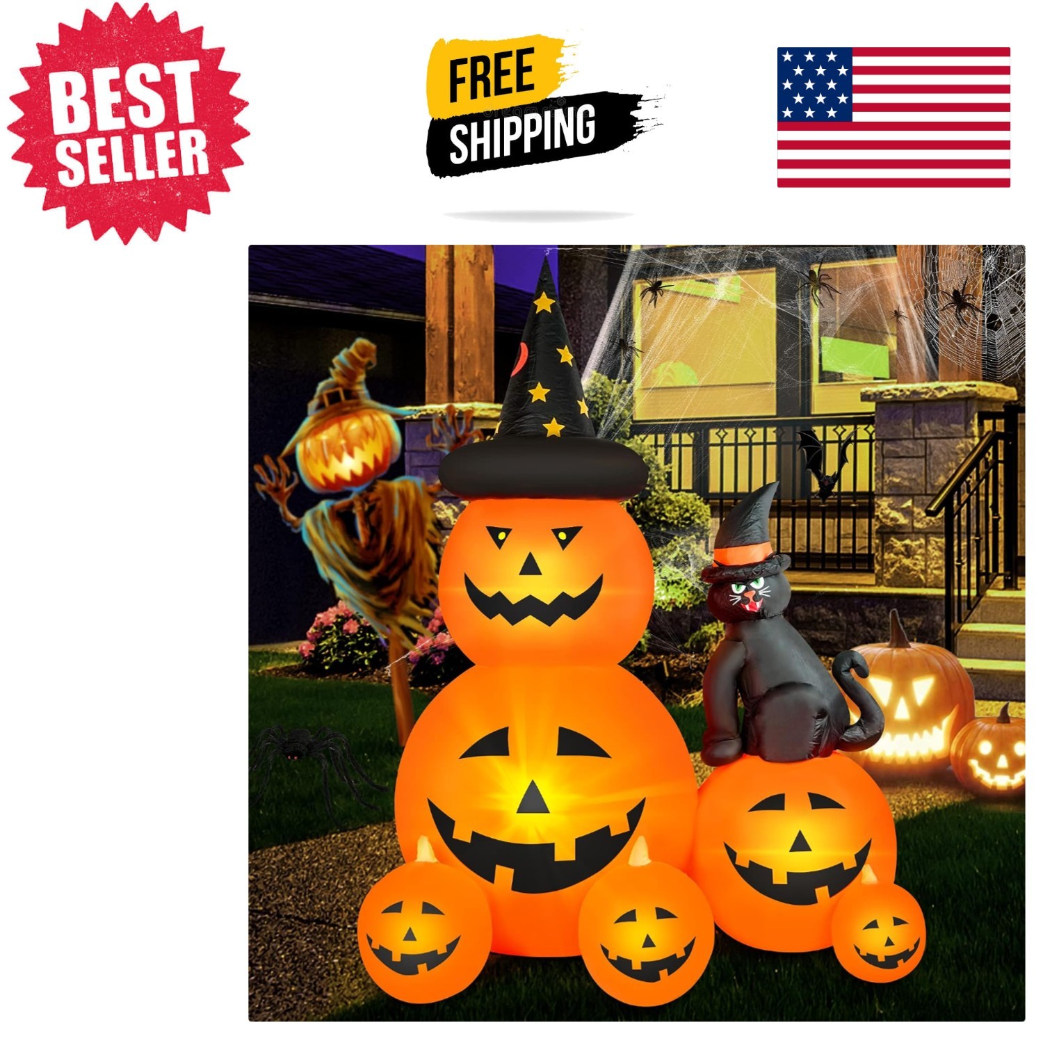 Bright LED 6 FT Halloween Inflatable Pumpkin and Cat - Spooky Outdoor Decoration