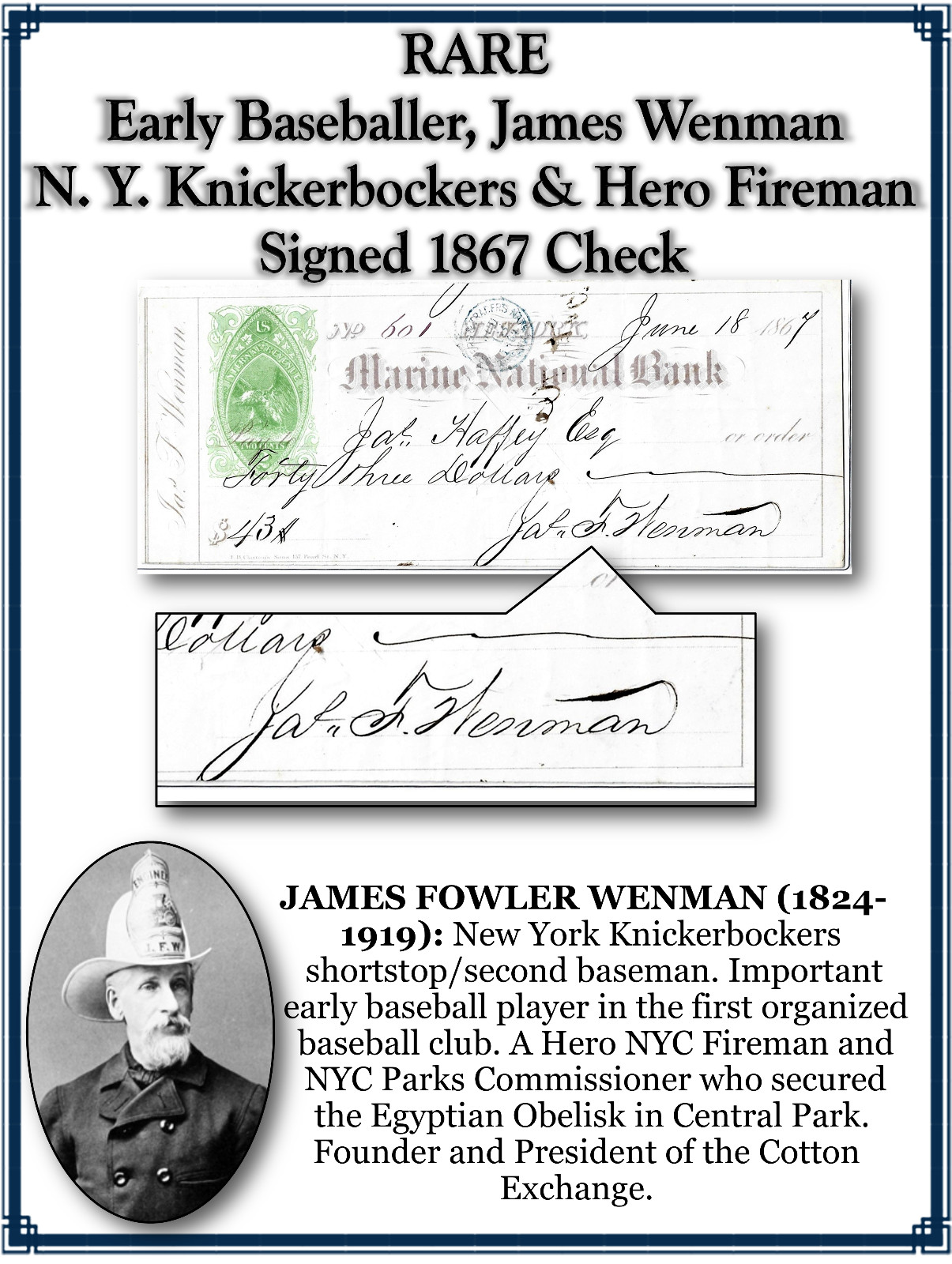 Early Baseballer, James Wenman, N. Y. Knickerbockers & Hero Fireman Signed Check