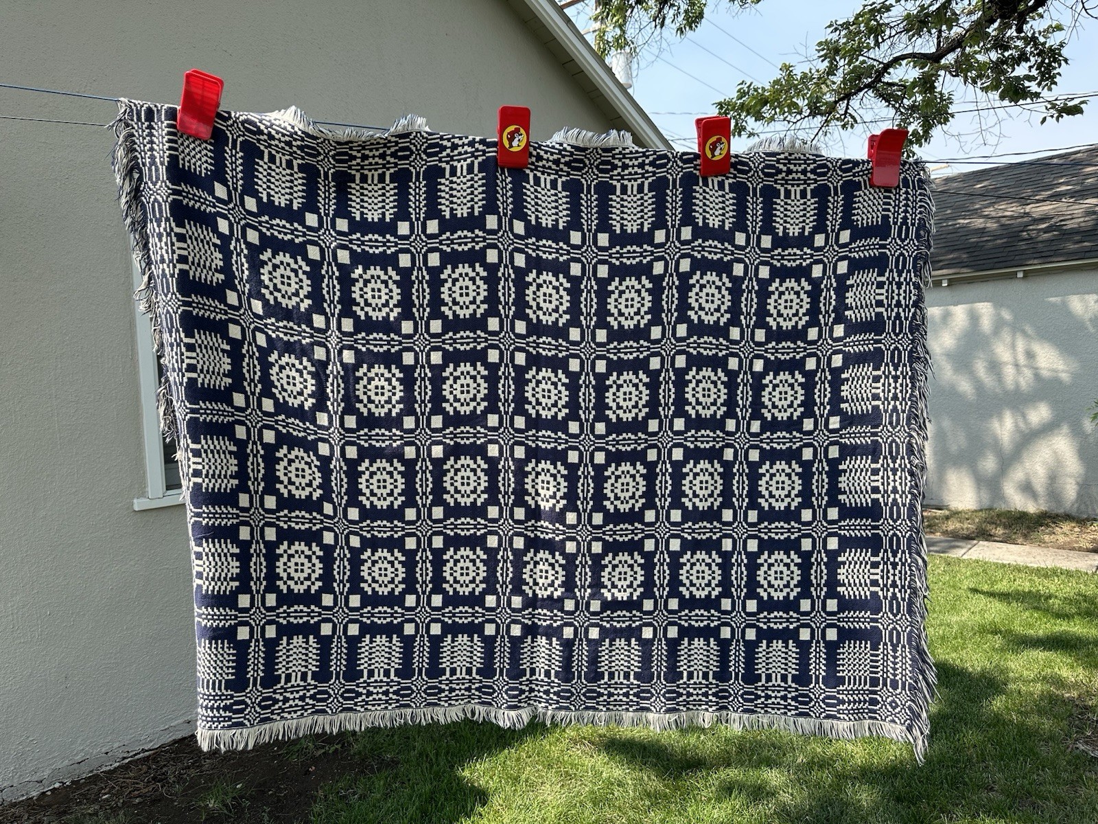 Vintage Goodwin Guild Navy and Cream Coverlet 100% Cotton Hand Woven  50\
