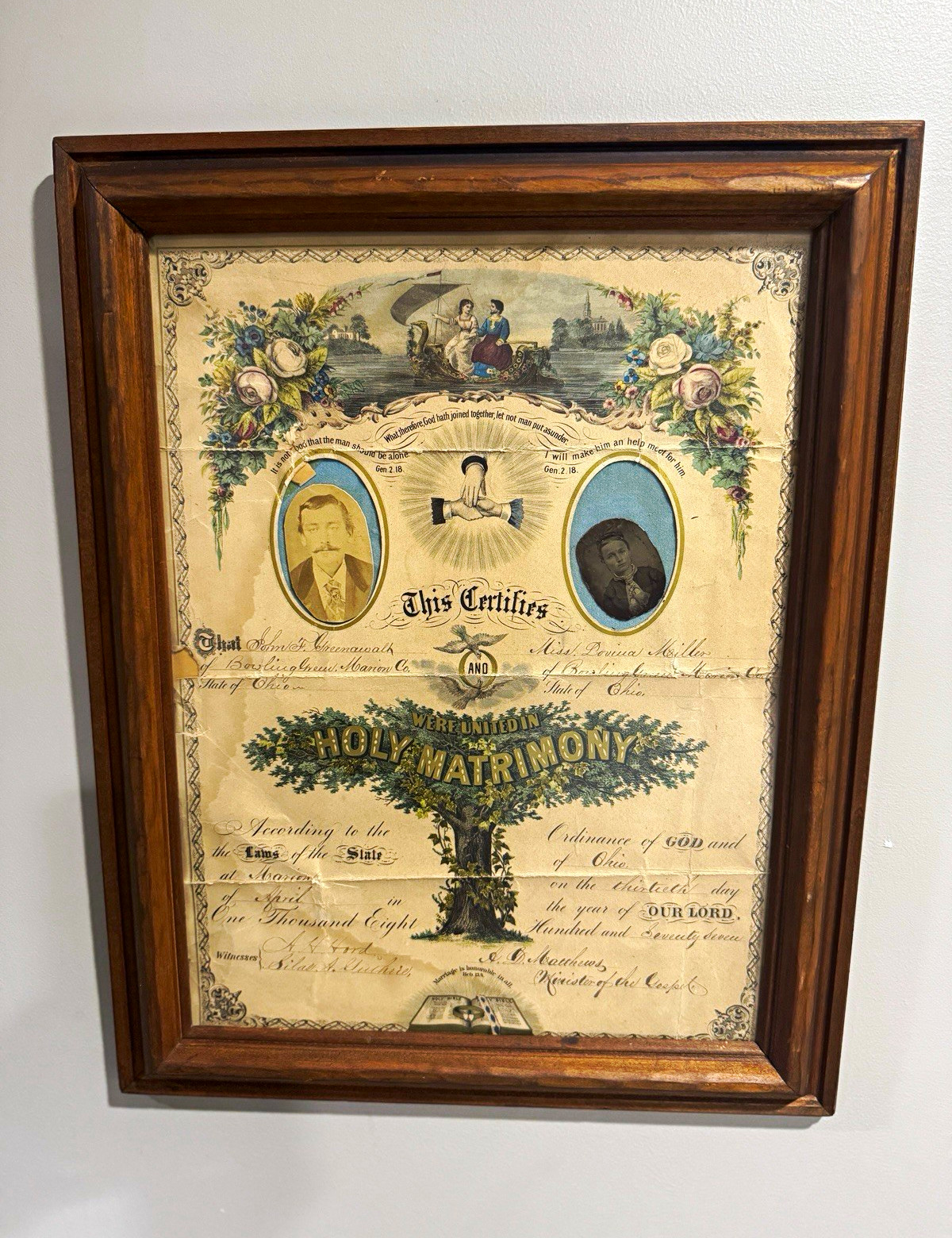 Antique 1877 Framed Marriage Certificate Lithograph Ohio Photos Victorian