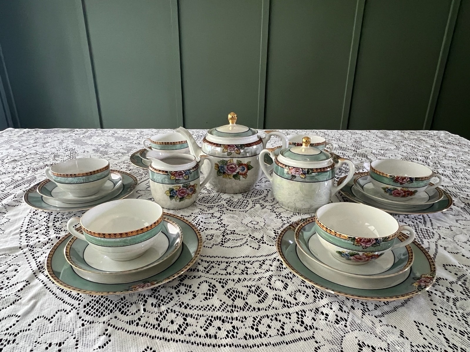 Noritake M 1930's Art Deco Floral Tea Set Cups Plates Pot Cream Sugar Lusterware