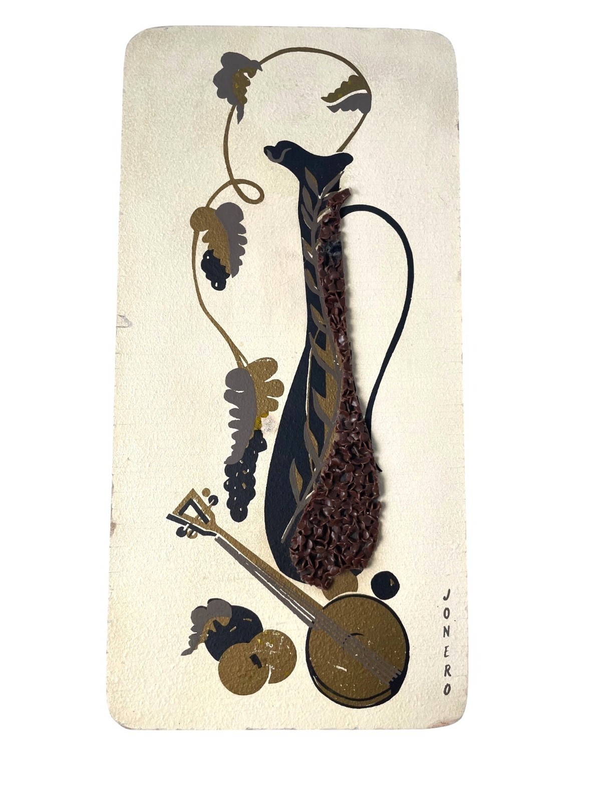Vintage Jonero Popcorn Gravel Wooden Wall Art MCM Musical Instrument Grapes Oil Vintage Jonero Popcorn Gravel Wooden Wall Art MCM Musical Instrument Grapes Oil