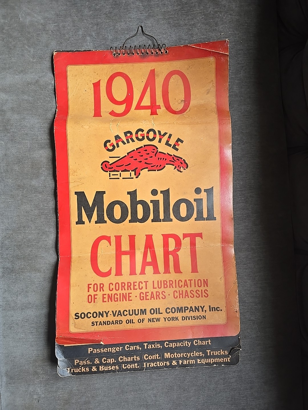 1940 Gargoyle Mobiloil Cabinet Paper Sign Authorized Service Oil Chart RARE 1940 Gargoyle Mobiloil Cabinet Paper Sign Authorized Service Oil Chart RARE
