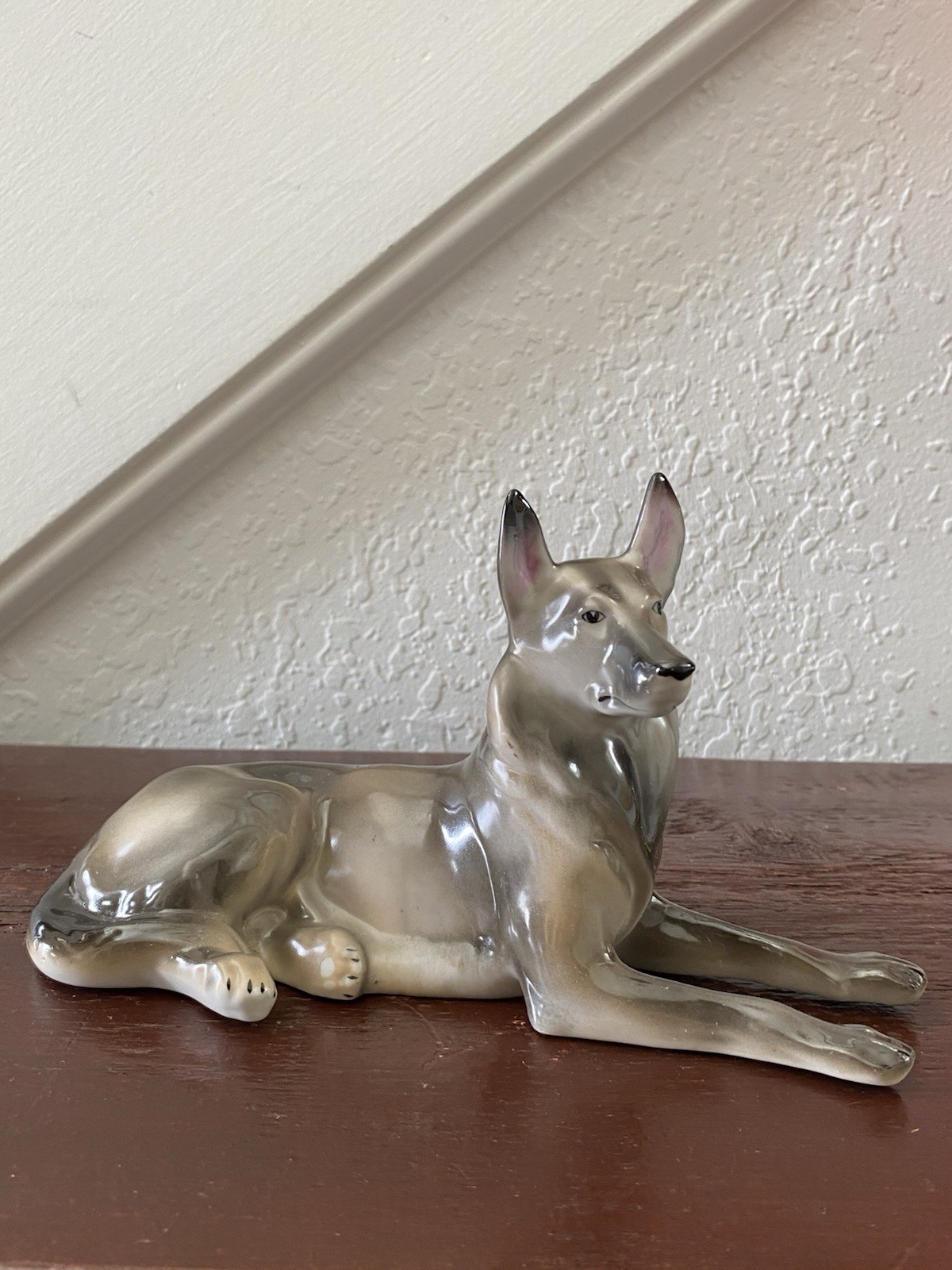 Vintage 8” Hollohaza Alsatian German Shepherd Dog Porcelain Figurine Sculpture