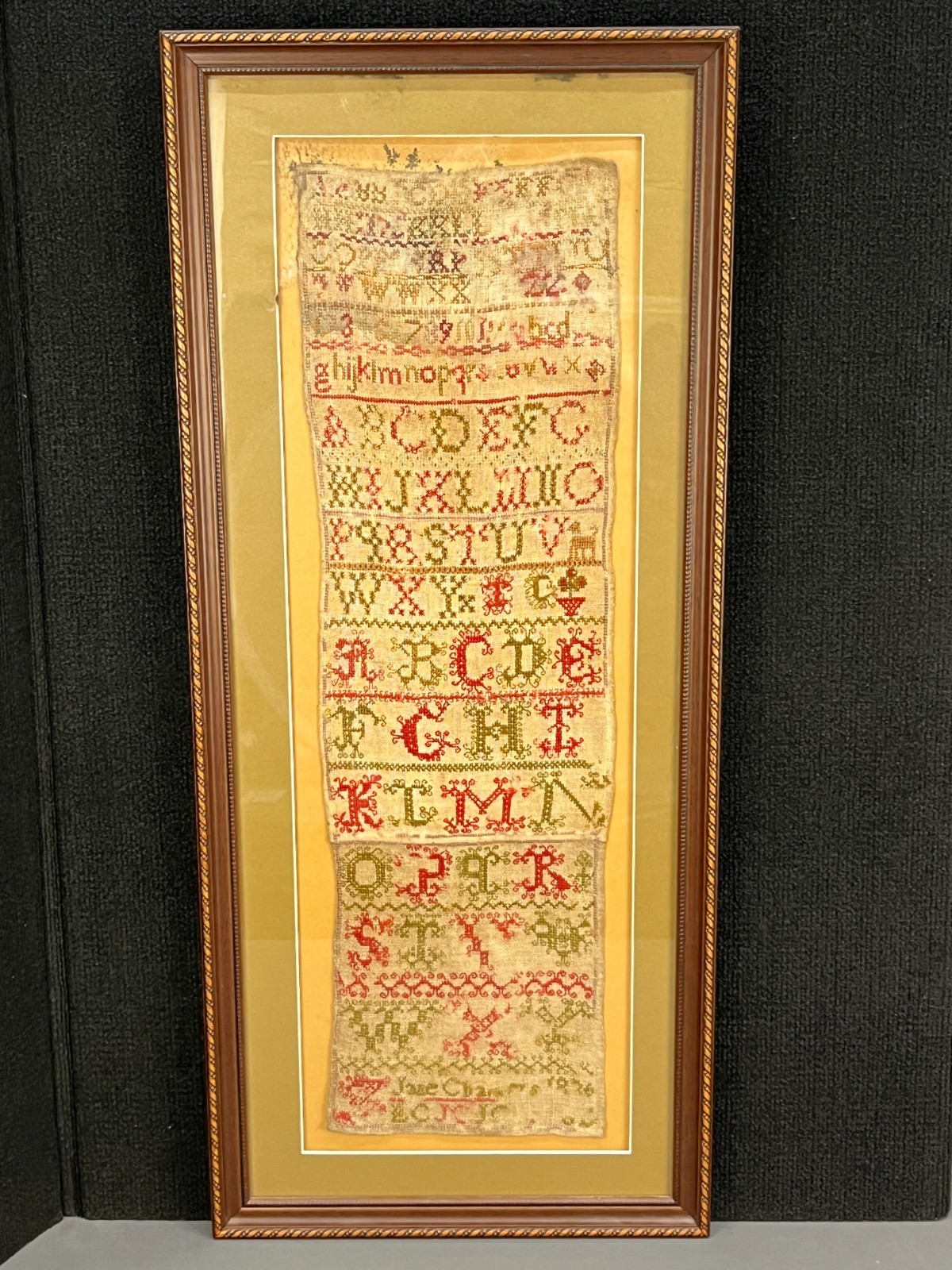 19th Century Framed Alphabet Needlework Sampler by Jane c. 1836