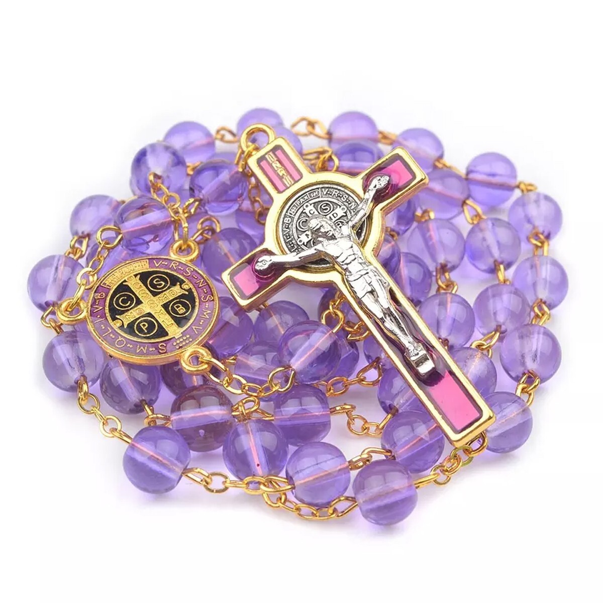 Catholic Town St Benedict center piece rosary with 8mm Purple glass CTRSBGB-PUR Catholic Town St Benedict center piece rosary with 8mm Purple glass CTRSBGB-PUR