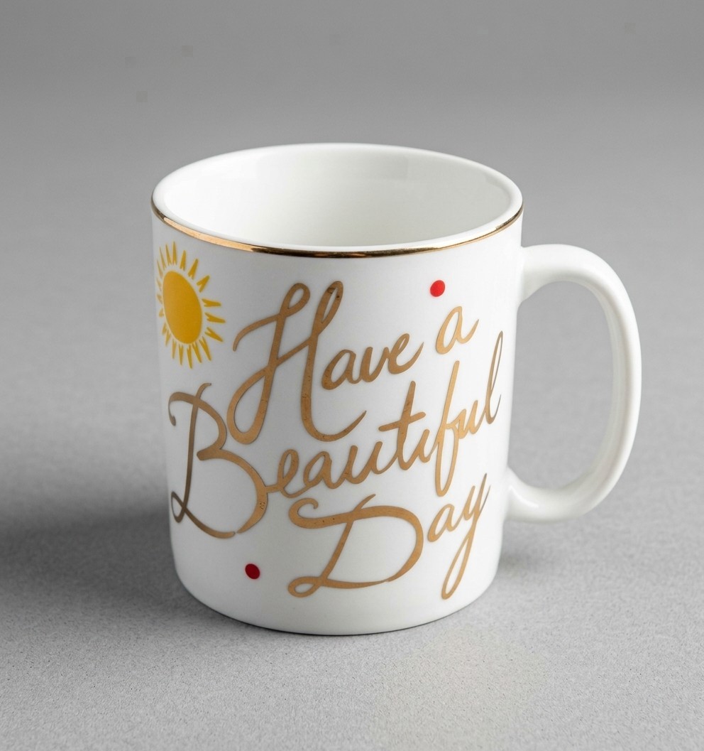 222 Fifth Have A Beautiful Day Gold Script Coffee Cup Oversized White Yellow Sun
