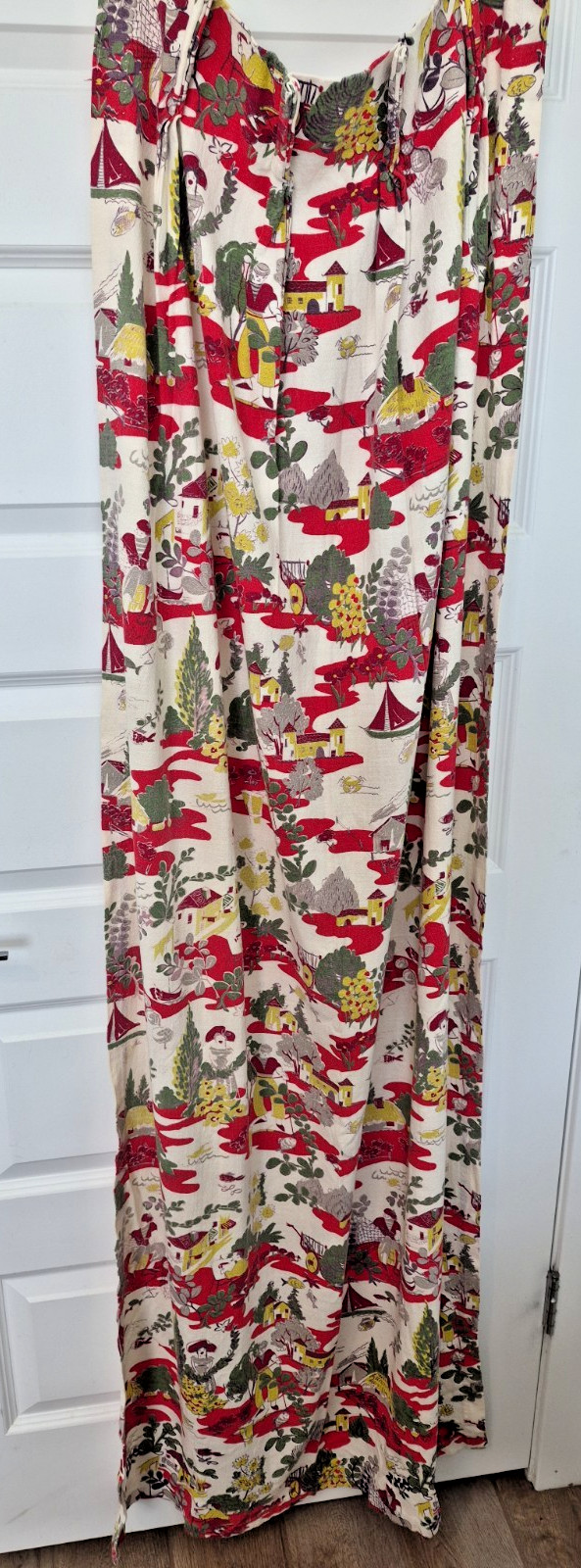 French Fisherman Curtain Panel Bark Cloth 1940s Pinch Pleat 4 panels 19\