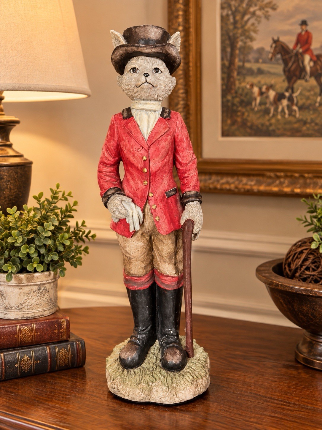 Equestrian Fox Hunt Cat Statue Red Coat Top Hat 20.5in Whimsical Figure