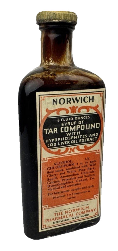 Antique Vtg Apothecary Glass Medicine Jar Norwich Syrup Tar Compound 8 oz USA