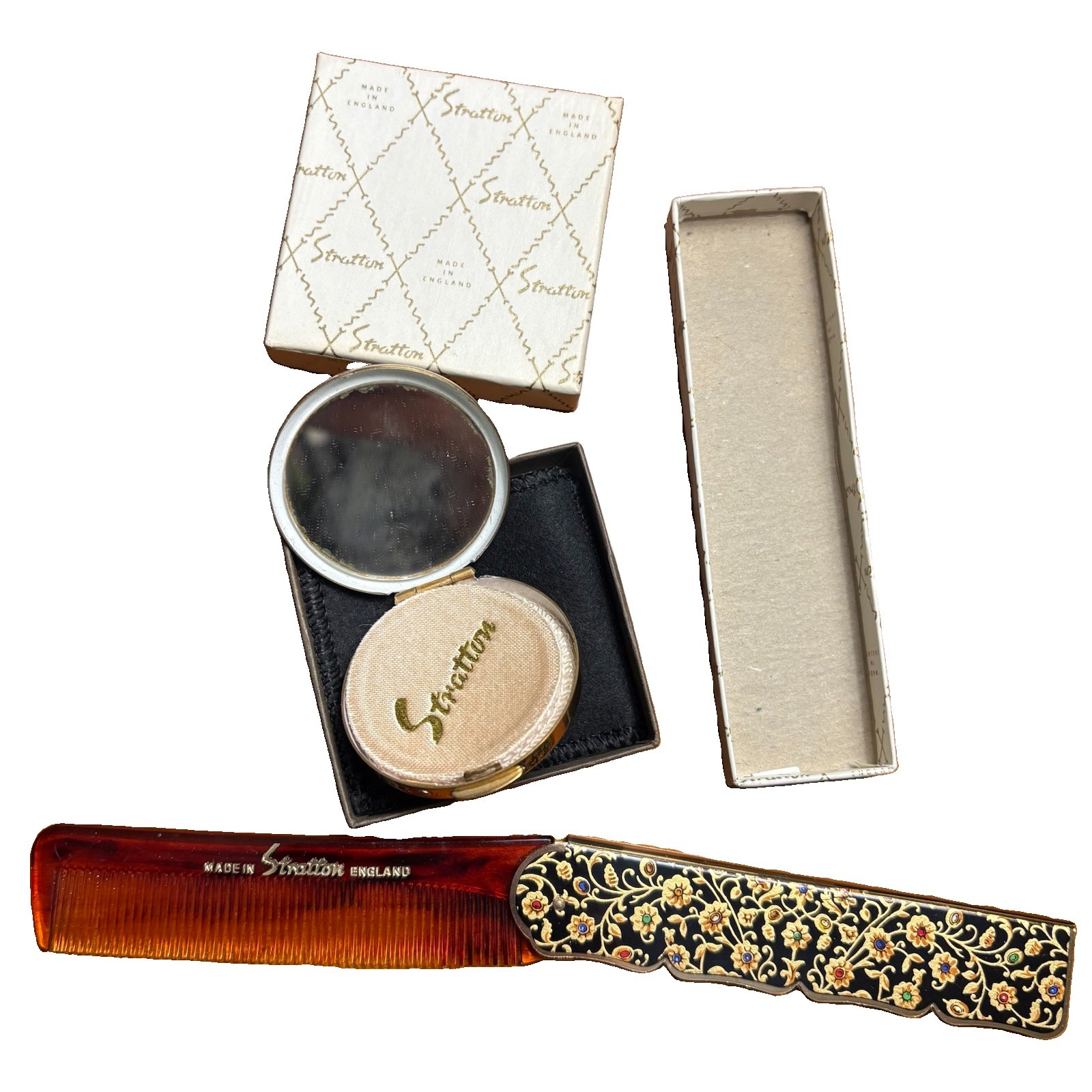 VTG 60s Stratton Compact Folding Comb Set Chinoiserie Black Floral Enamel Box