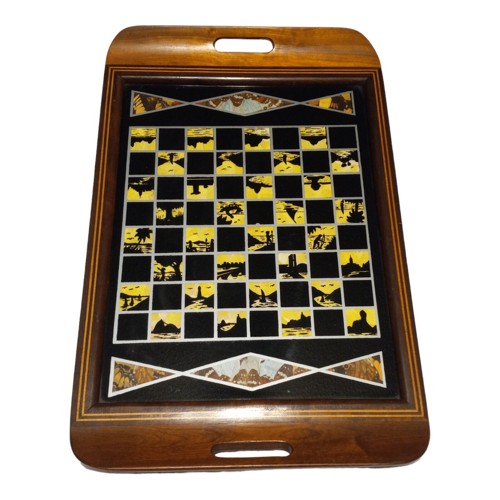 artefama wooden tray glass top numbered wings checkered pattern 