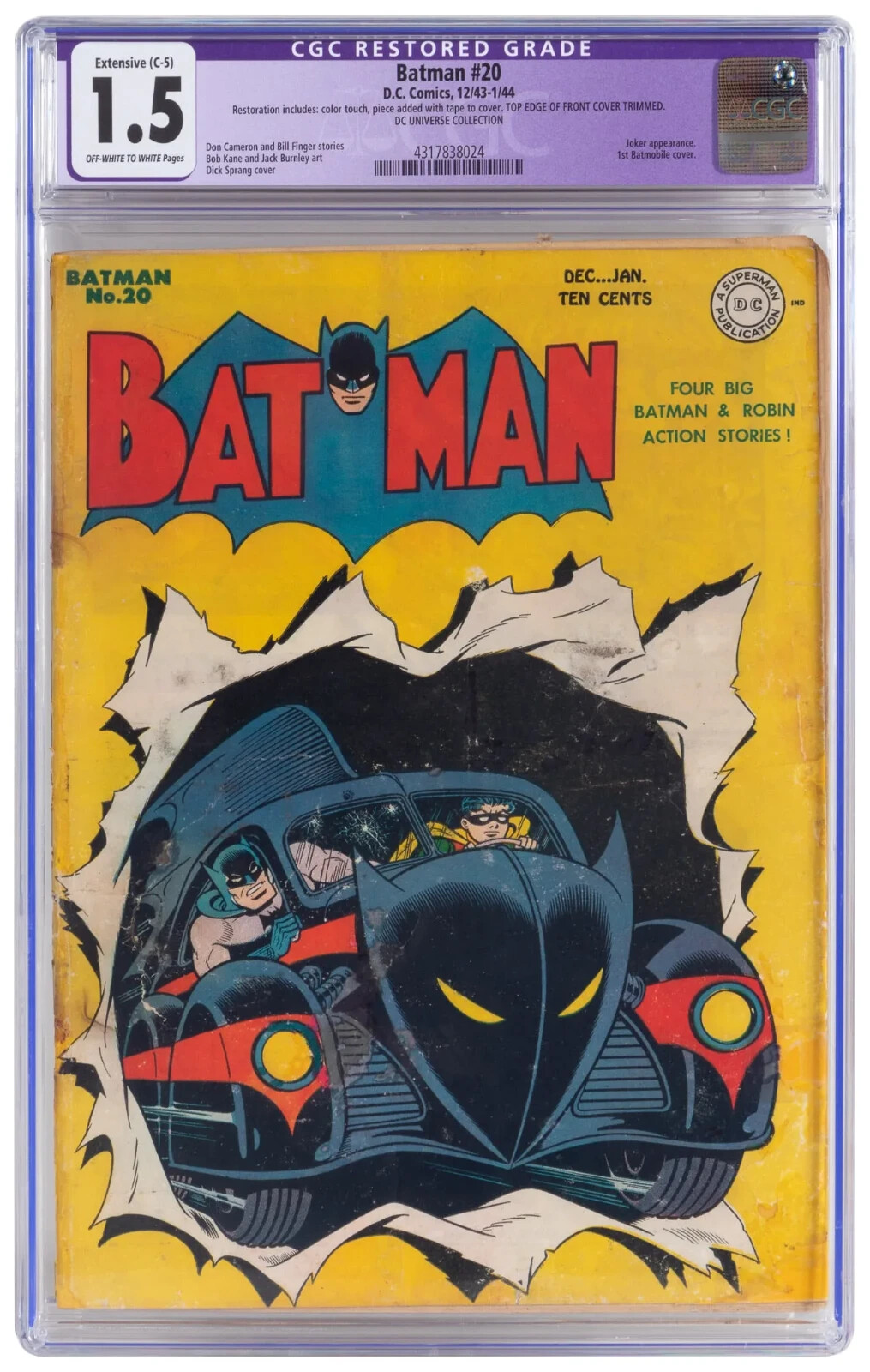 1943 D.C. Comics Batman 20 CGC 1.5. 1st Batmobile Cover