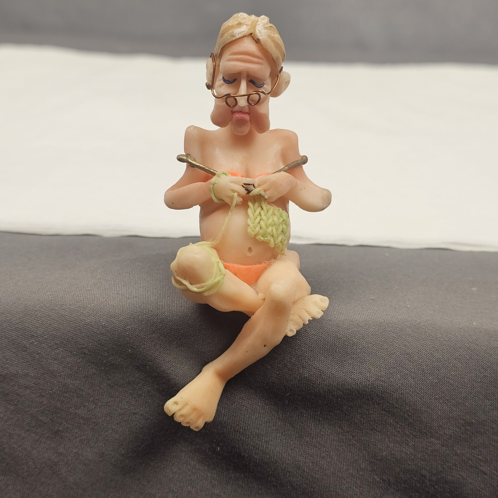 Granny Old Lady Bikini Knitting Figurine Small Sitting on Edge Plastic 