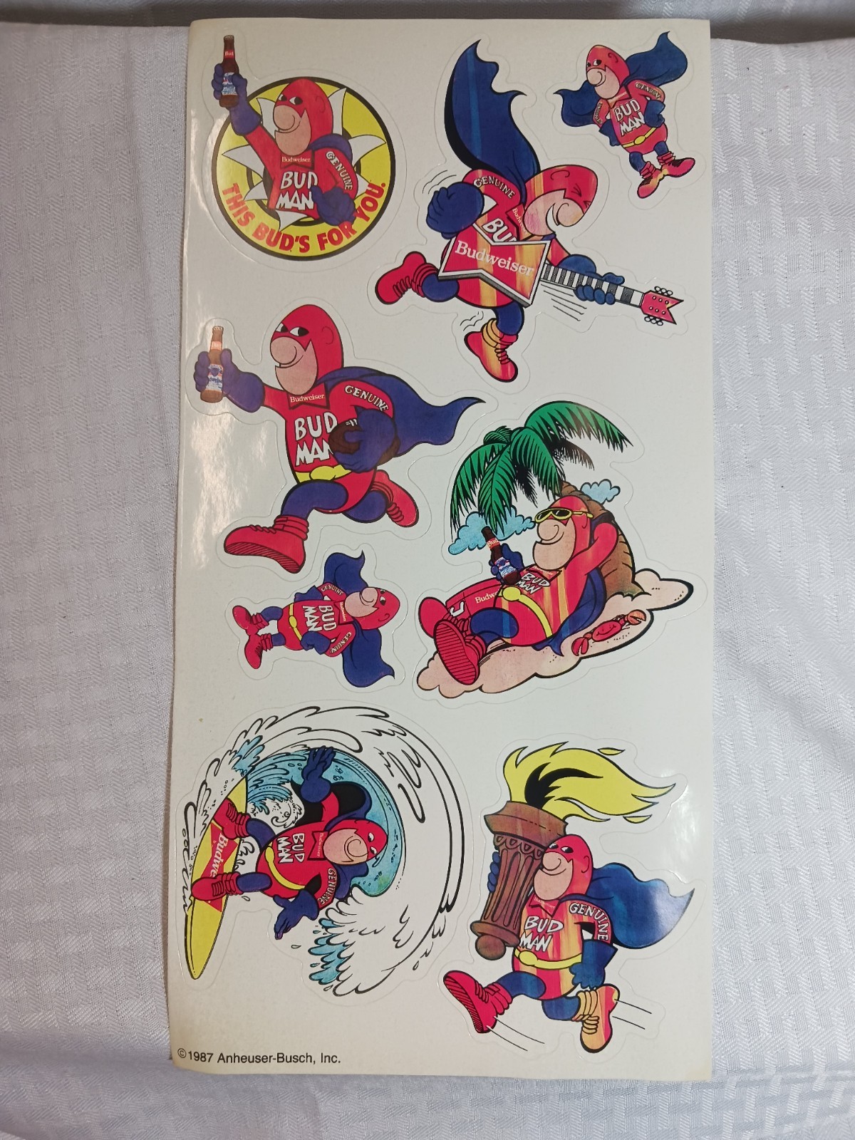 Vintage Bud Man Sticker Sheet 8 Stickers 14x7 Inch Sheet