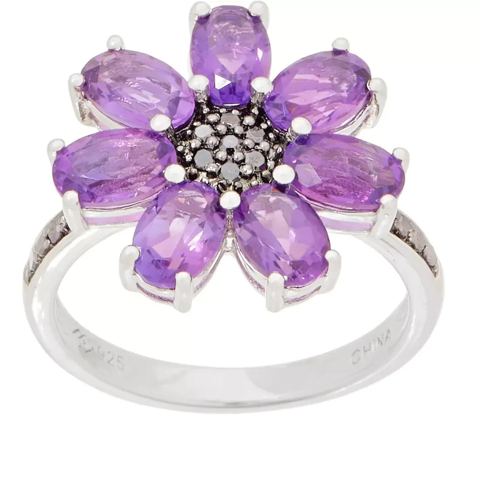 QVC Sterling Silver Amethyst & Diamond Floral Cocktail Ring Size 9