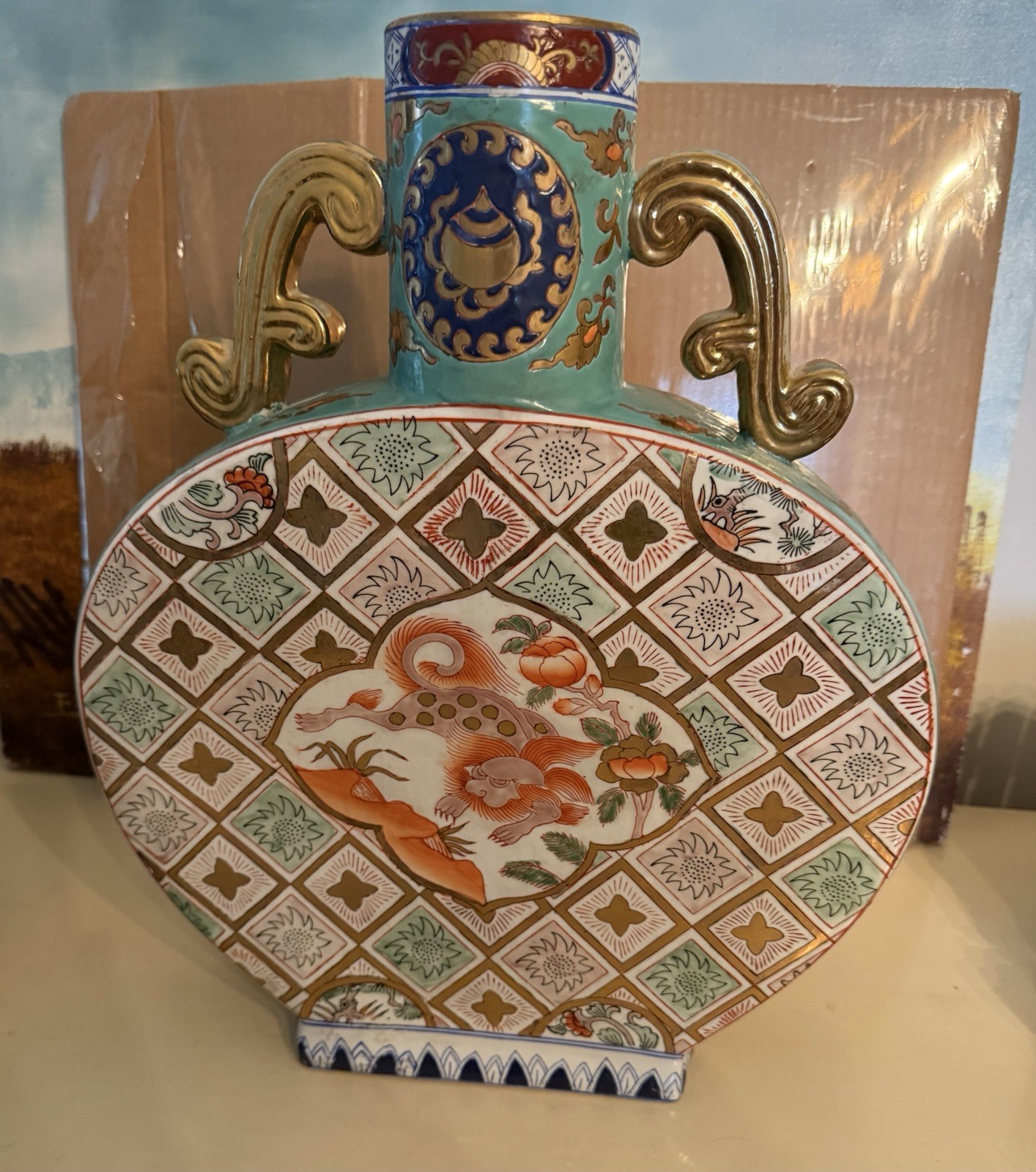 Vintage Large Flat HandPainted Porcelain Flask Vase Japanese Asian READ Descript Vintage Large Flat HandPainted Porcelain Flask Vase Japanese Asian READ Descript