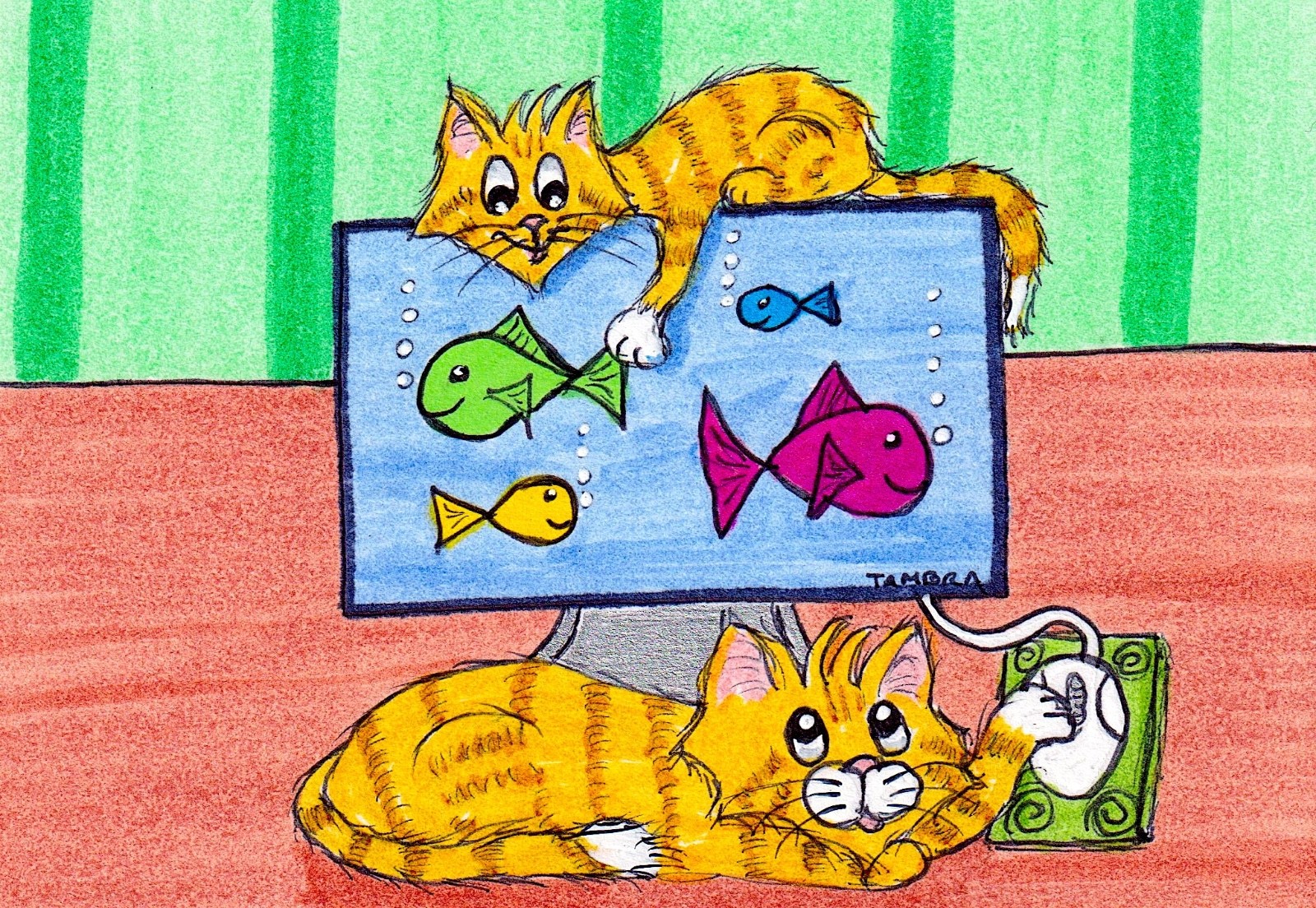 Tambra ACEO Original Art Painting Tabby Cats Fun with Computer Fish Screensaver
