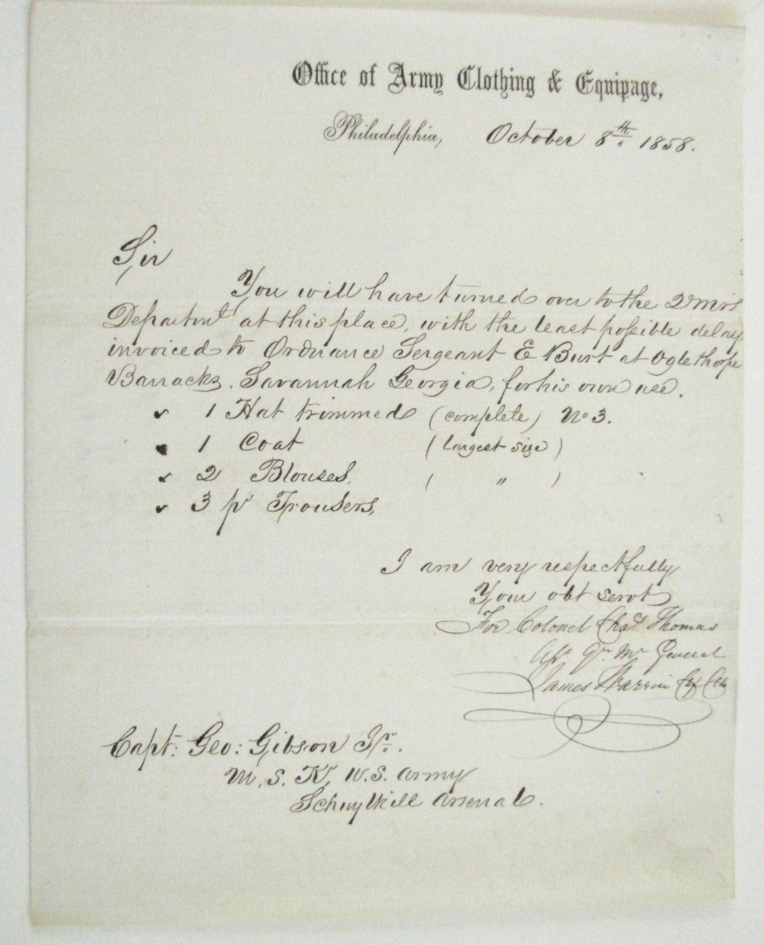 SAVANNAH GEORGIA OGLETHORPE BARRACKS PRE-CIVIL WAR UNIFORMS ORDER