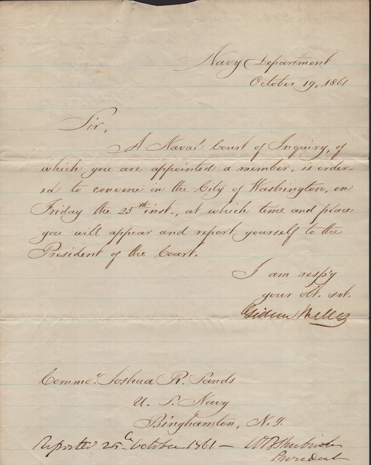 GIDEON WELLES - MANUSCRIPT LETTER SIGNED 10/19/1861