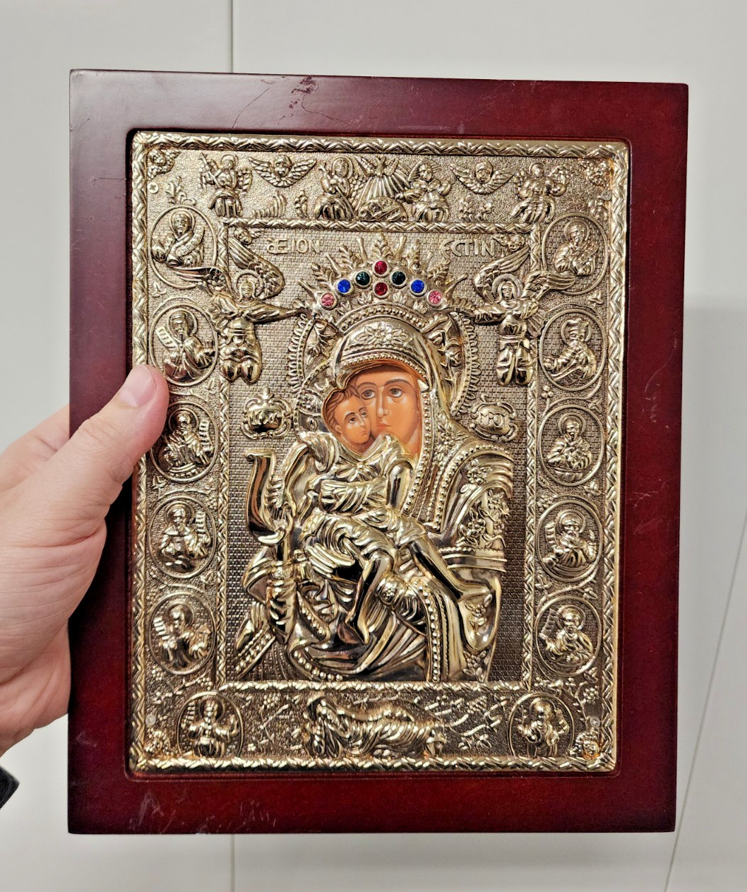 Vintage Greek Orthodox Silver Plated  Icon Virgin Mary Plaque 8 x 10 inches