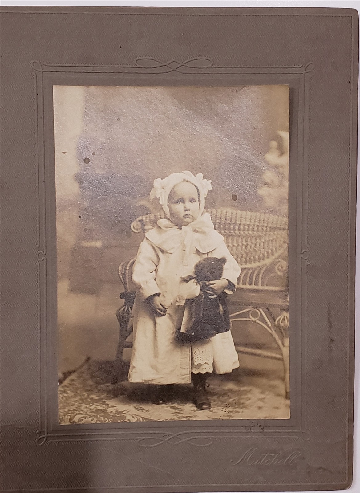 antique ADORABLE BABY GIRL holding TEDDY BEAR PHOTOGRAPH stuffed animal child