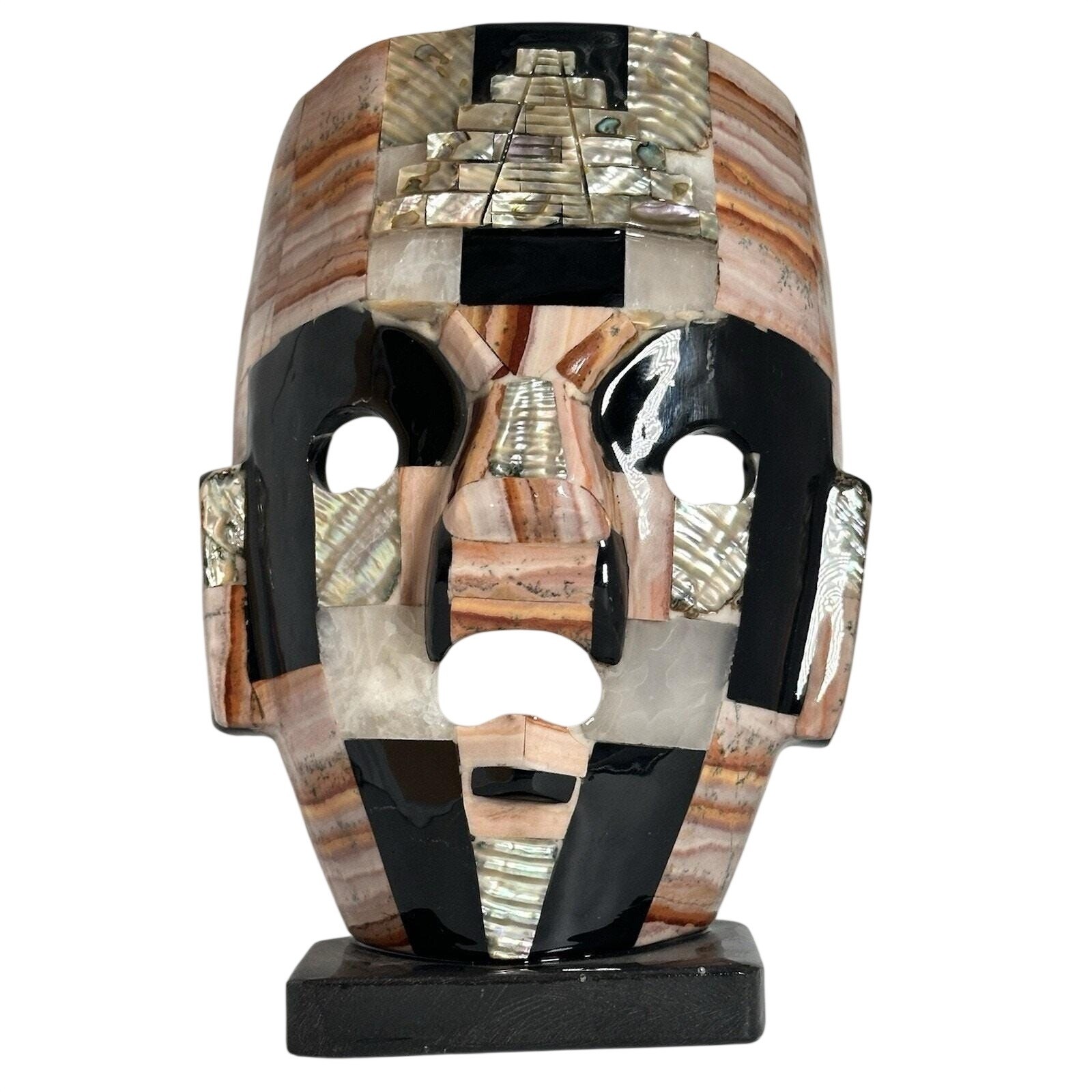 Mexican Folk Art Aztec Statue Black Obsidian Abalone Shell Inlay Carved Stone