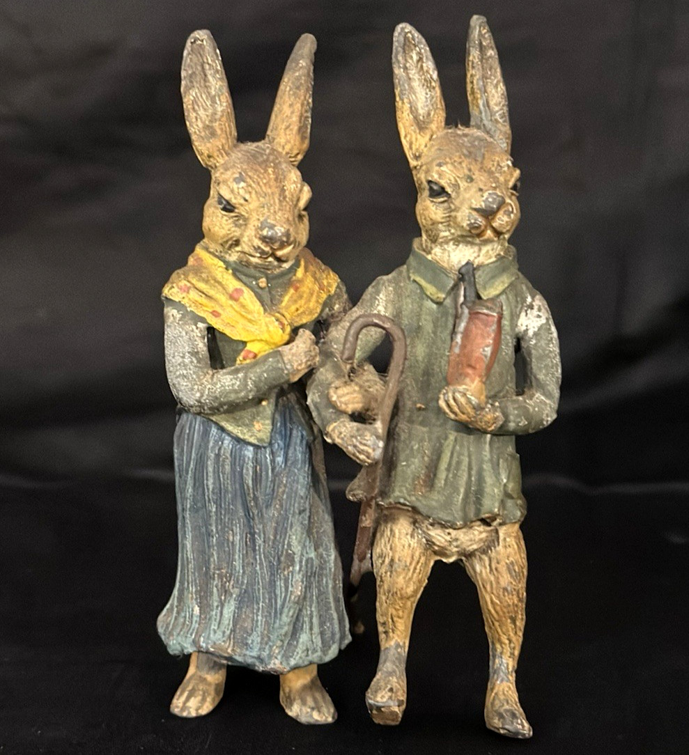ANTIQUE AUSTRIAN VIENNA COLD PAINTED BRONZE PAIR OF RABBITS/HARES