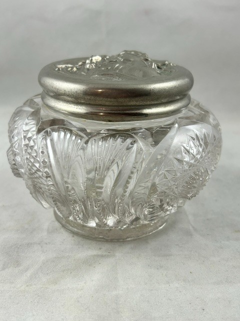 Antique Art Nouveau Pressed Glass Powder Jar Repousse Woman Metal Lid \