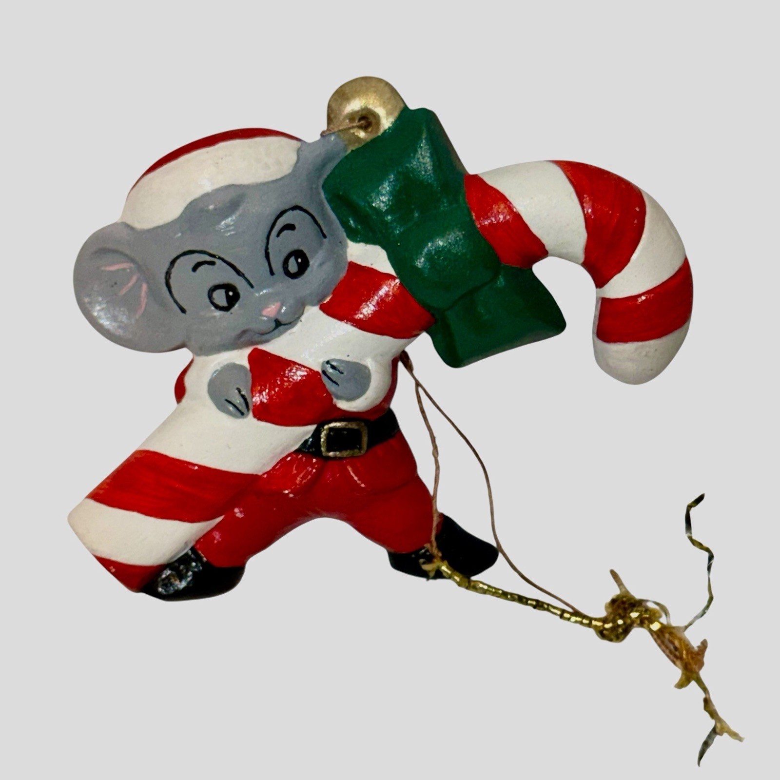 Vtg Ceramic Christmas Mouse Carrying Large Candy Cane Ornament 3.5