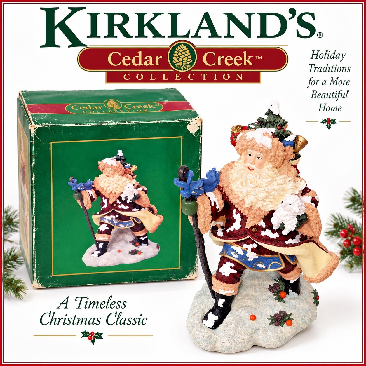 'KIRKLAND's LARGE SANTA FIGURINE CEDAR CREEK SANTA With Toy Bag, 11.5 'KIRKLAND's LARGE SANTA FIGURINE CEDAR CREEK SANTA With Toy Bag, 11.5